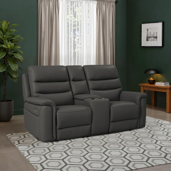 Storm Leather Sofas - 2 Seater Electric Recliner Sofa with Console - Jarrod Range - Oak Furnitureland