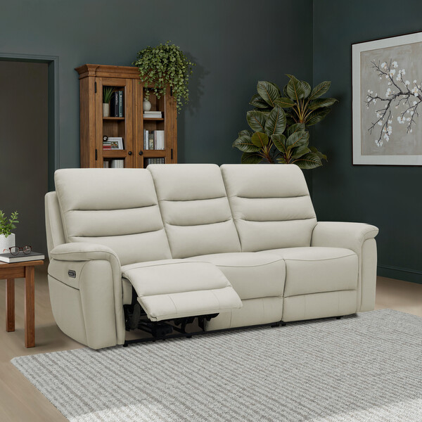 Bone China Leather Sofas - 3 Seater Electric Recliner Sofa - Jarrod Range - Oak Furnitureland