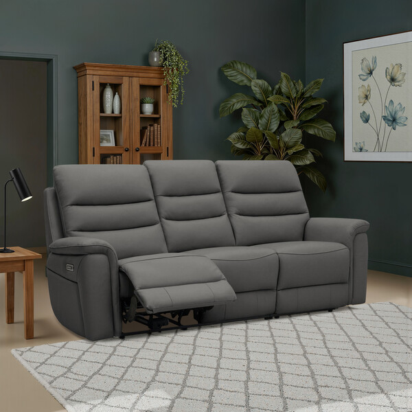 Elephant Grey Leather Sofas - 3 Seater Electric Recliner Sofa - Jarrod Range - Oak Furnitureland