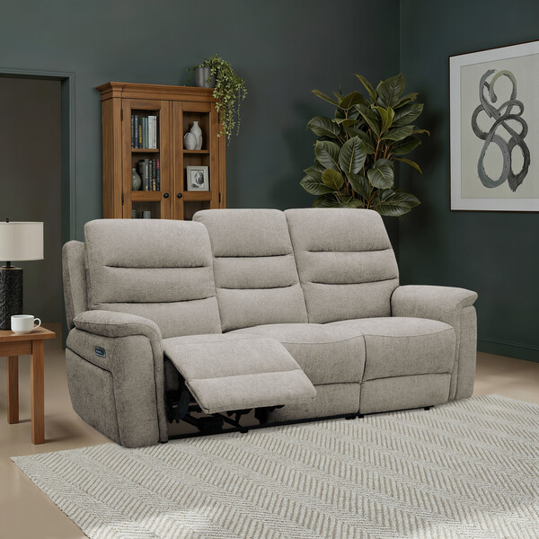 Hopsack Linen Fabric Sofas - 3 Seater Electric Recliner Sofa - Jarrod Range - Oak Furnitureland