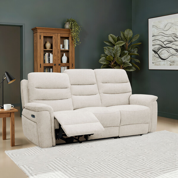 Hopsack Natural Fabric Sofas - 3 Seater Electric Recliner Sofa - Jarrod Range - Oak Furnitureland