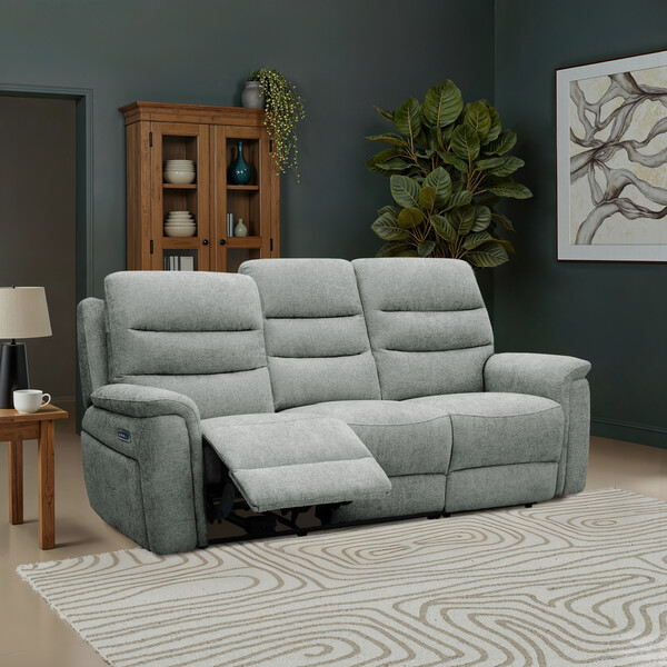 Hopsack Platinum Fabric Sofas - 3 Seater Electric Recliner Sofa - Jarrod Range - Oak Furnitureland