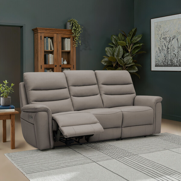 Oyster Leather Sofas - 3 Seater Electric Recliner Sofa - Jarrod Range - Oak Furnitureland