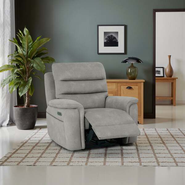 Dexter Stone Fabric Sofas - Recliner Armchair with Power Headrest and Lumbar Support - Jarrod Range - Oak Furnitureland