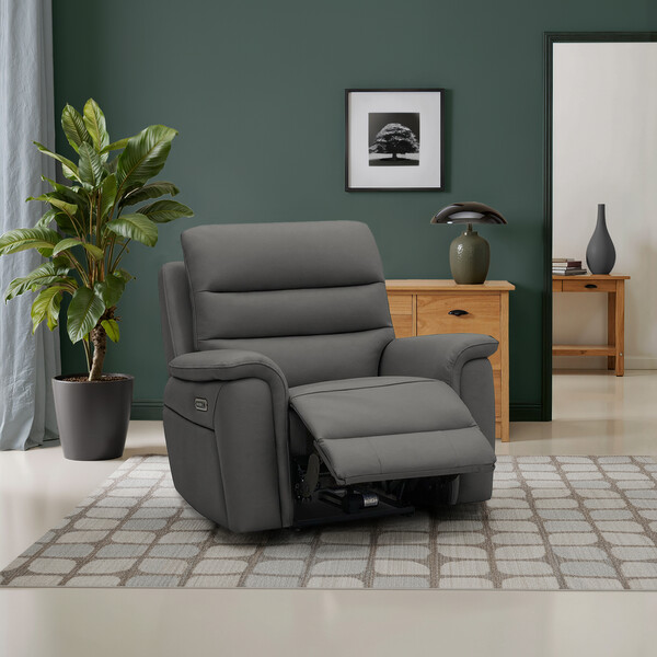 Elephant Grey Leather Sofas - Recliner Armchair with Power Headrest and Lumbar Support - Jarrod Range - Oak Furnitureland