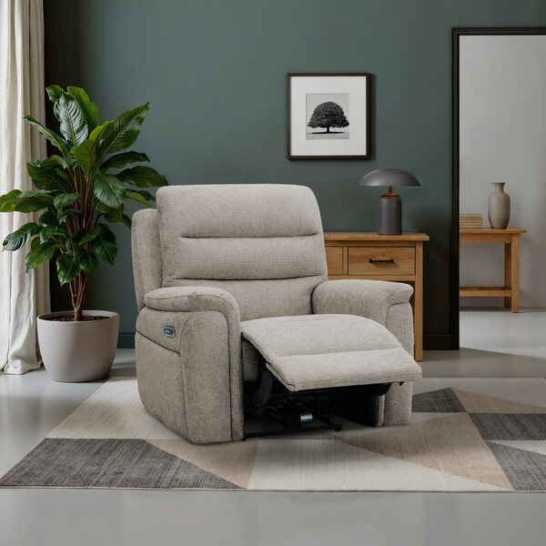 Hopsack Linen Fabric Sofas - Recliner Armchair with Power Headrest and Lumbar Support - Jarrod Range - Oak Furnitureland