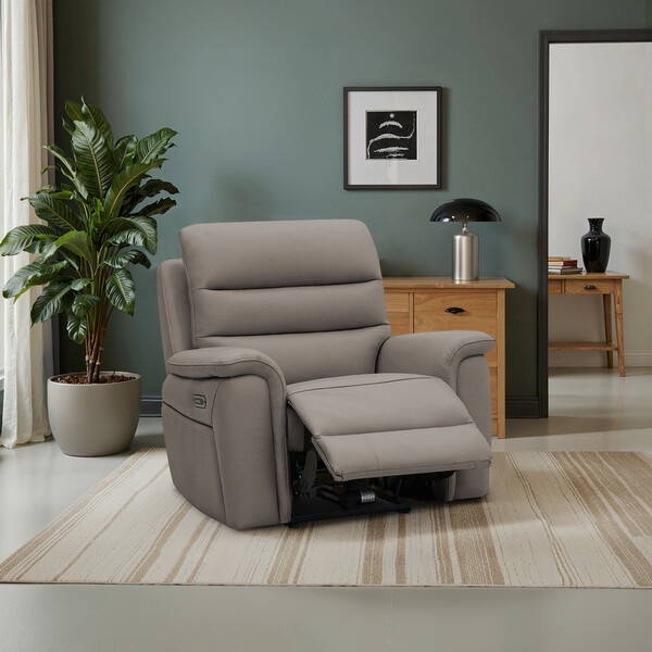 Oyster Leather Sofas - Recliner Armchair with Power Headrest and Lumbar Support - Jarrod Range - Oak Furnitureland