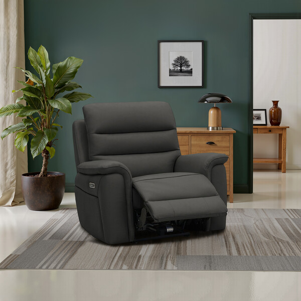 Storm Leather Sofas - Recliner Armchair with Power Headrest and Lumbar Support - Jarrod Range - Oak Furnitureland