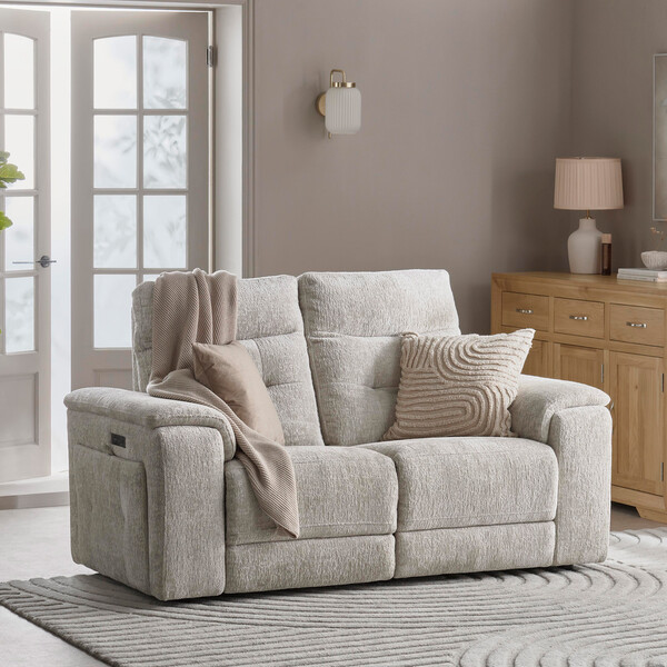 Koto Turtle Dove Fabric Sofas - 2 Seater Recliner with Power Headrests - Juno Range - Oak Furnitureland