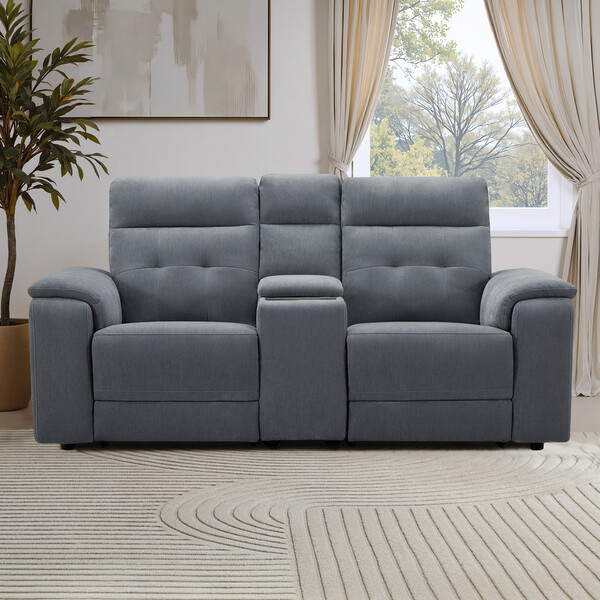 Amigo Coal Fabric Sofas - 2 Seater Recliner with Power Headrests & Wireless Charger - Juno Range - Oak Furnitureland