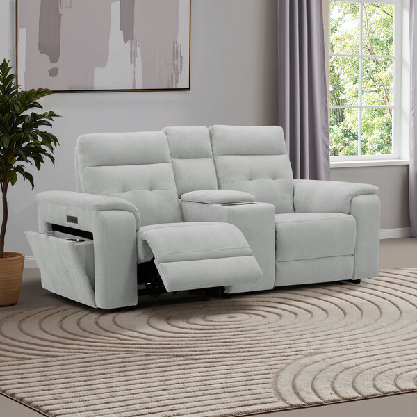 Amigo Dove Fabric Sofas - 2 Seater Recliner with Power Headrests & Wireless Charger - Juno Range - Oak Furnitureland