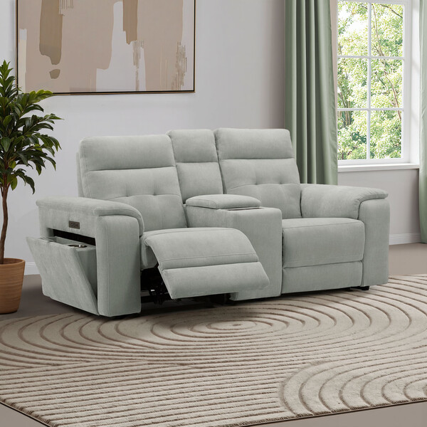 Amigo Sage Fabric Sofas - 2 Seater Recliner with Power Headrests & Wireless Charger - Juno Range - Oak Furnitureland