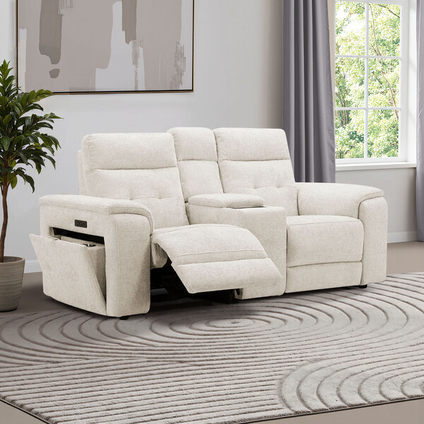 Hopsack Natural Fabric Sofas - 2 Seater Recliner with Power Headrests & Wireless Charger - Juno Range - Oak Furnitureland