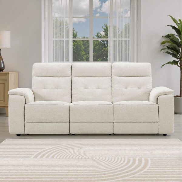 Hopsack Natural Fabric Sofas - 3 Seater Recliner with Power Headrests - Juno Range - Oak Furnitureland