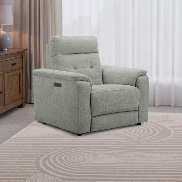 Hopsack Dove Fabric Sofas - Recliner Armchair with Power Headrest - Juno Range - Oak Furnitureland