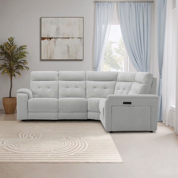 Amigo Dove Fabric Sofas - Large Corner Recliner with Power Headrests - Juno Range - Oak Furnitureland