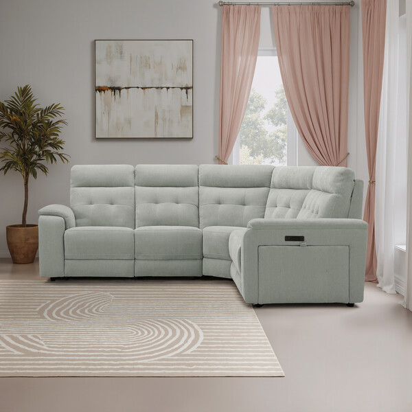 Amigo Sage Fabric Sofas - Large Corner Recliner with Power Headrests - Juno Range - Oak Furnitureland