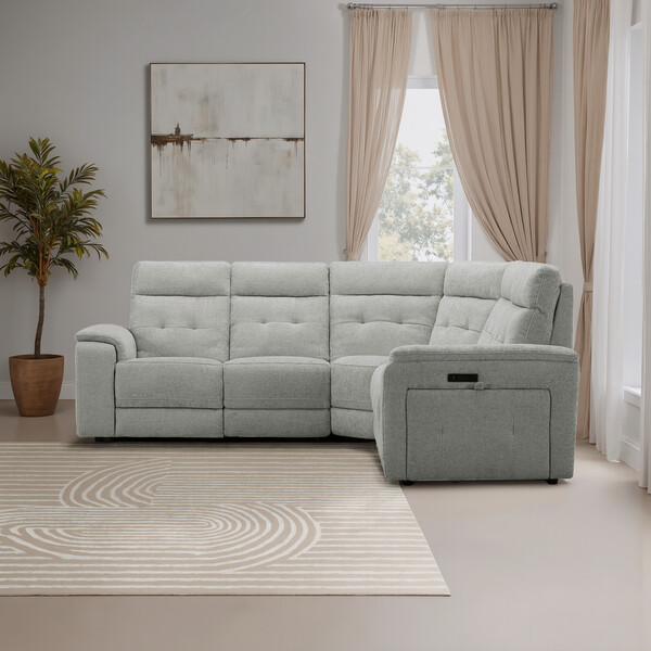 Hopsack Dove Fabric Sofas - Large Corner Recliner with Power Headrests - Juno Range - Oak Furnitureland