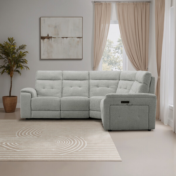 Hopsack Dove Fabric Sofas - Large Corner Recliner with Power Headrests - Juno Range - Oak Furnitureland