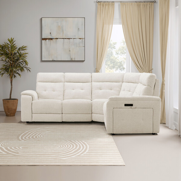 Hopsack Natural Fabric Sofas - Large Corner Recliner with Power Headrests - Juno Range - Oak Furnitureland