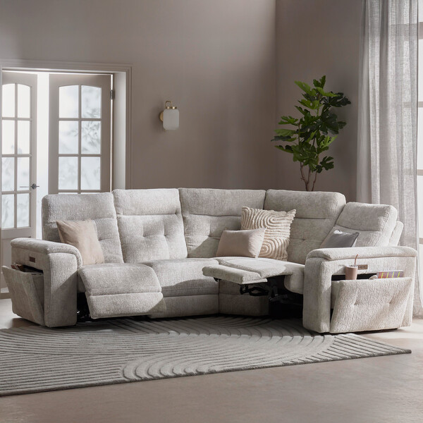 Koto Turtle Dove Fabric Sofas - Large Corner Recliner with Power Headrests - Juno Range - Oak Furnitureland
