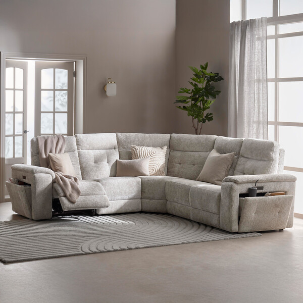 Koto Turtle Dove Fabric Sofas - Large Corner Recliner with Power Headrests - Juno Range - Oak Furnitureland