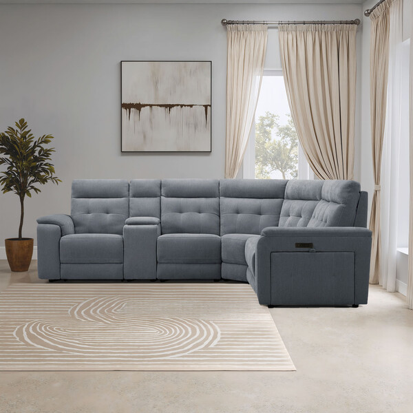 Amigo Coal Fabric Sofas - Large Corner Recliner, Power Headrests & Wireless Charger - Juno Range - Oak Furnitureland