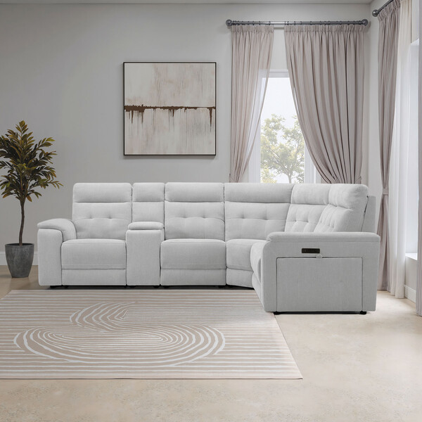 Amigo Dove Fabric Sofas - Large Corner Recliner, Power Headrests & Wireless Charger - Juno Range - Oak Furnitureland