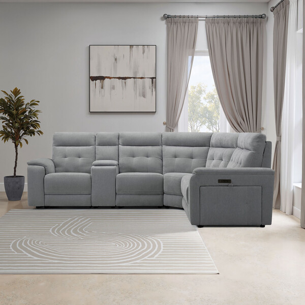 Amigo Granite Fabric Sofas - Large Corner Recliner, Power Headrests & Wireless Charger - Juno Range - Oak Furnitureland