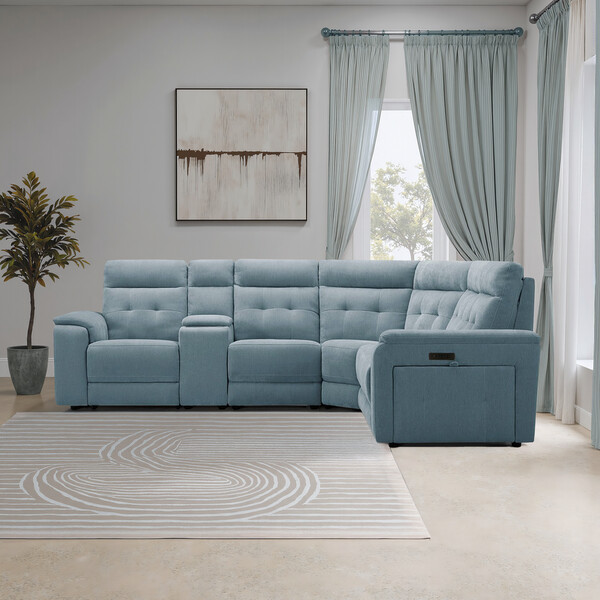 Amigo Mineral Fabric Sofas - Large Corner Recliner, Power Headrests & Wireless Charger - Juno Range - Oak Furnitureland