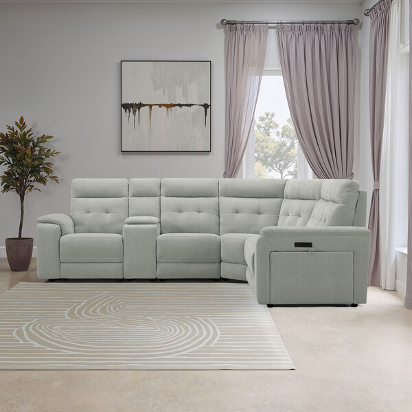 Amigo Sage Fabric Sofas - Large Corner Recliner, Power Headrests & Wireless Charger - Juno Range - Oak Furnitureland
