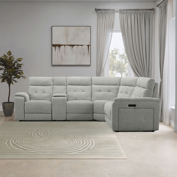 Hopsack Dove Fabric Sofas - Large Corner Recliner, Power Headrests & Wireless Charger - Juno Range - Oak Furnitureland