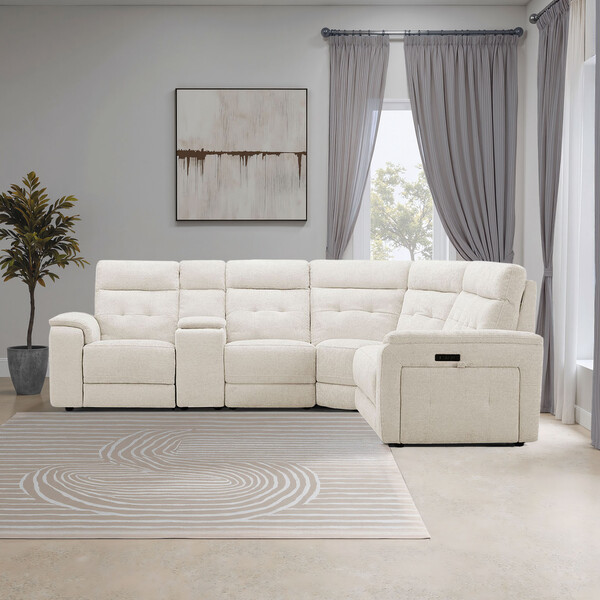 Hopsack Natural Fabric Sofas - Large Corner Recliner, Power Headrests & Wireless Charger - Juno Range - Oak Furnitureland
