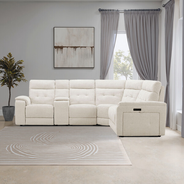 Hopsack Natural Fabric Sofas - Large Corner Recliner, Power Headrests & Wireless Charger - Juno Range - Oak Furnitureland