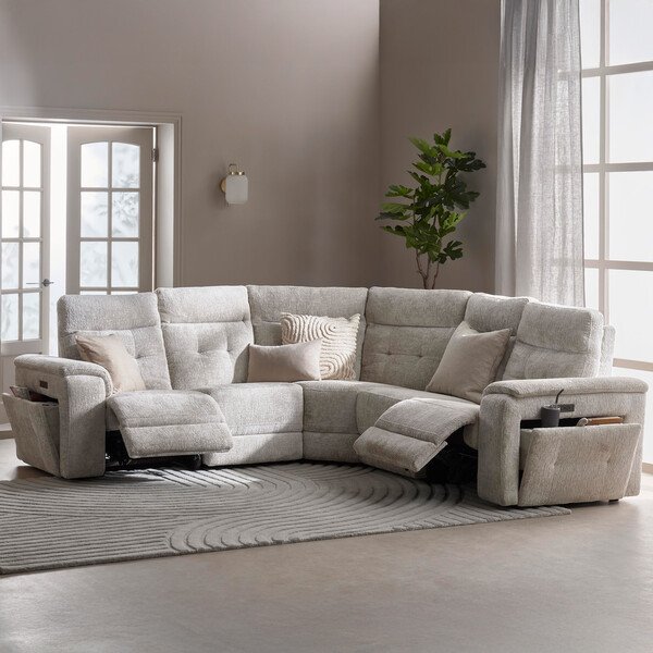Koto Turtle Dove Fabric Sofas - Large Corner Recliner, Power Headrests & Wireless Charger - Juno Range - Oak Furnitureland