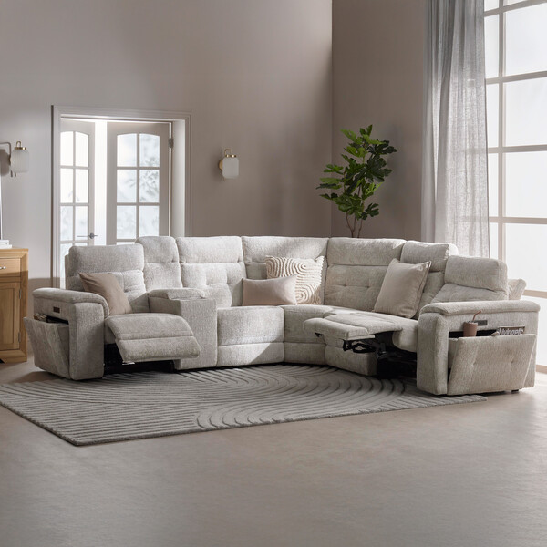 Koto Turtle Dove Fabric Sofas - Large Corner Recliner, Power Headrests & Wireless Charger - Juno Range - Oak Furnitureland