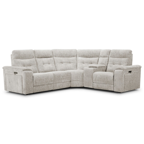 Koto Turtle Dove Fabric Sofas - Left Hand Corner Recliner, Power Headrest & Wireless Charger - Juno Range - Oak Furnitureland