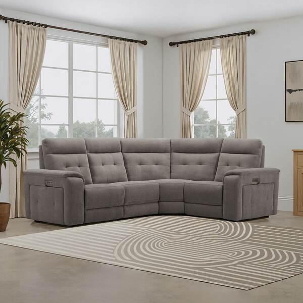 Amigo Cocoa Fabric Sofas - Left Hand Corner Recliner with Power Headrests - Juno Range - Oak Furnitureland