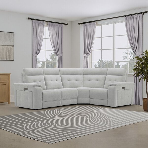 Amigo Dove Fabric Sofas - Left Hand Corner Recliner with Power Headrests - Juno Range - Oak Furnitureland