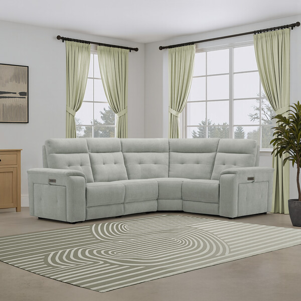 Amigo Sage Fabric Sofas - Left Hand Corner Recliner with Power Headrests - Juno Range - Oak Furnitureland
