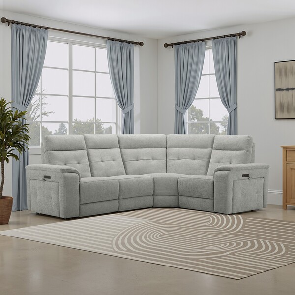 Hopsack Dove Fabric Sofas - Left Hand Corner Recliner with Power Headrests - Juno Range - Oak Furnitureland
