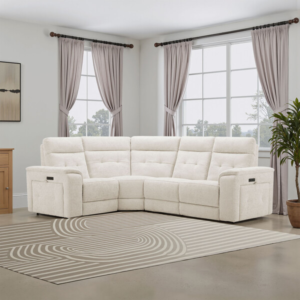 Hopsack Natural Fabric Sofas - Left Hand Corner Recliner with Power Headrests - Juno Range - Oak Furnitureland