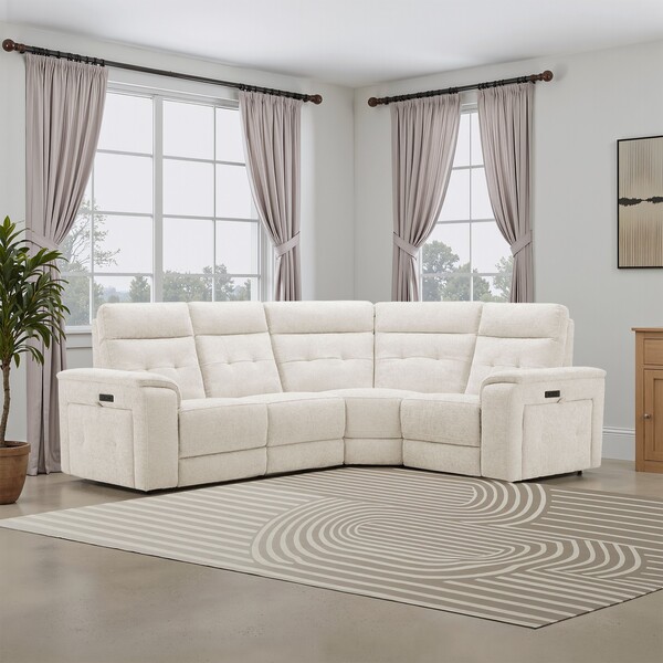 Hopsack Natural Fabric Sofas - Left Hand Corner Recliner with Power Headrests - Juno Range - Oak Furnitureland