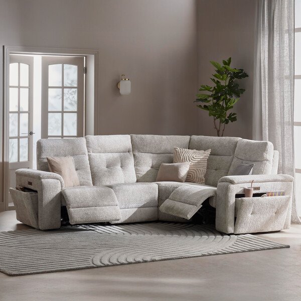 Koto Turtle Dove Fabric Sofas - Left Hand Corner Recliner with Power Headrests - Juno Range - Oak Furnitureland