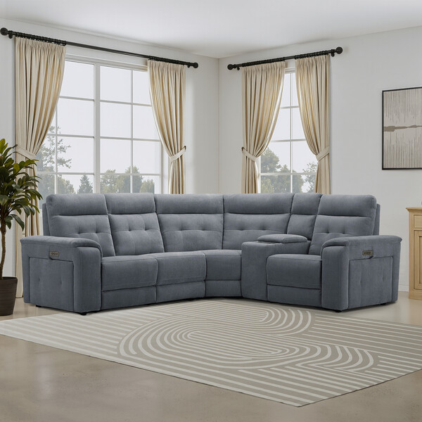 Amigo Coal Fabric Sofas - Left Hand Corner Recliner, Power Headrest & Wireless Charger - Juno Range - Oak Furnitureland
