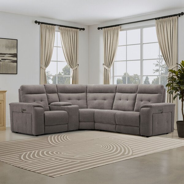 Amigo Cocoa Fabric Sofas - Left Hand Corner Recliner, Power Headrest & Wireless Charger - Juno Range - Oak Furnitureland