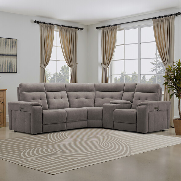 Amigo Cocoa Fabric Sofas - Left Hand Corner Recliner, Power Headrest & Wireless Charger - Juno Range - Oak Furnitureland
