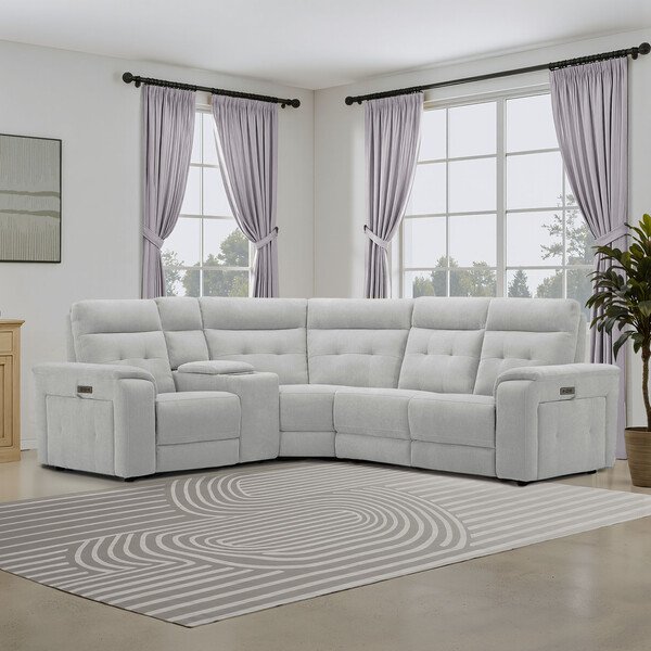 Amigo Dove Fabric Sofas - Left Hand Corner Recliner, Power Headrest & Wireless Charger - Juno Range - Oak Furnitureland