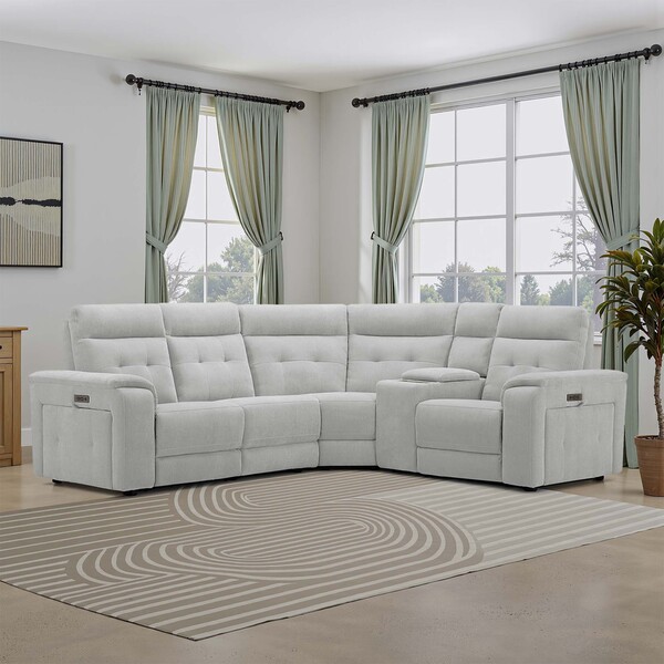 Amigo Dove Fabric Sofas - Left Hand Corner Recliner, Power Headrest & Wireless Charger - Juno Range - Oak Furnitureland