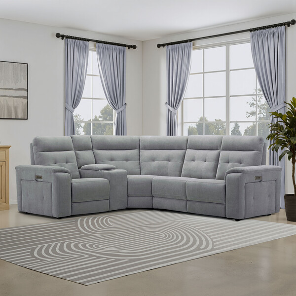 Amigo Granite Fabric Sofas - Left Hand Corner Recliner, Power Headrest & Wireless Charger - Juno Range - Oak Furnitureland